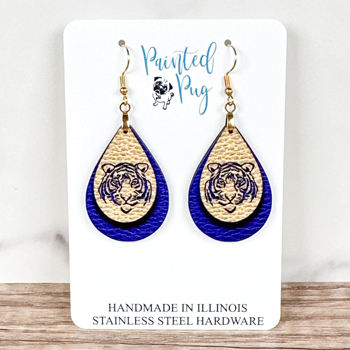 Tiger Teardrop Earrings – Purple and Gold