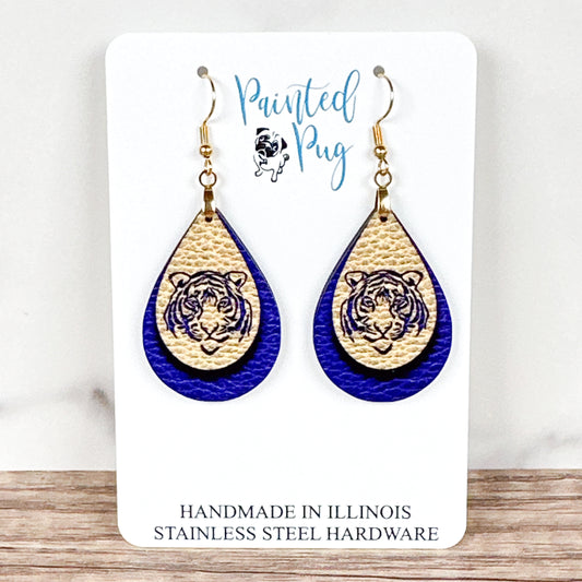 Tiger Teardrop Earrings – Purple and Gold