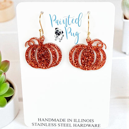 Bronze Glitter Pumpkin Earrings – Handmade Fall Dangle Earrings for Women, Hypoallergenic Jewelry for Halloween & Thanksgiving
