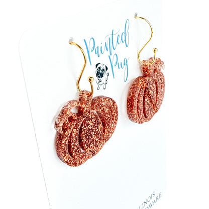 Bronze Glitter Pumpkin Earrings – Handmade Fall Dangle Earrings for Women, Hypoallergenic Jewelry for Halloween & Thanksgiving