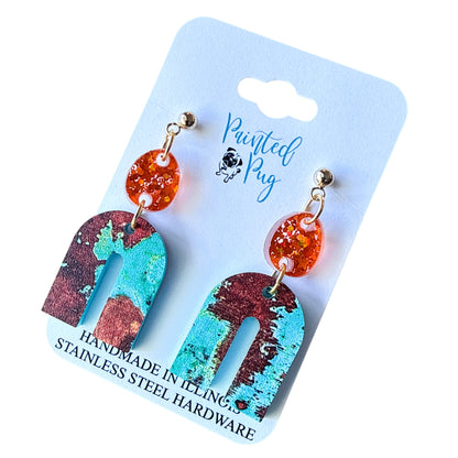 Orange Glitter and Patina Arch Acrylic Earrings