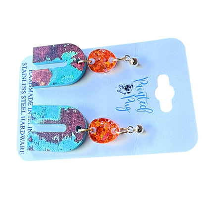 Orange Glitter and Patina Arch Acrylic Earrings