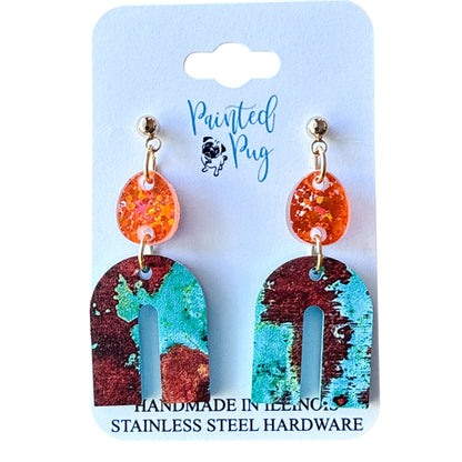 Orange Glitter and Patina Arch Acrylic Earrings