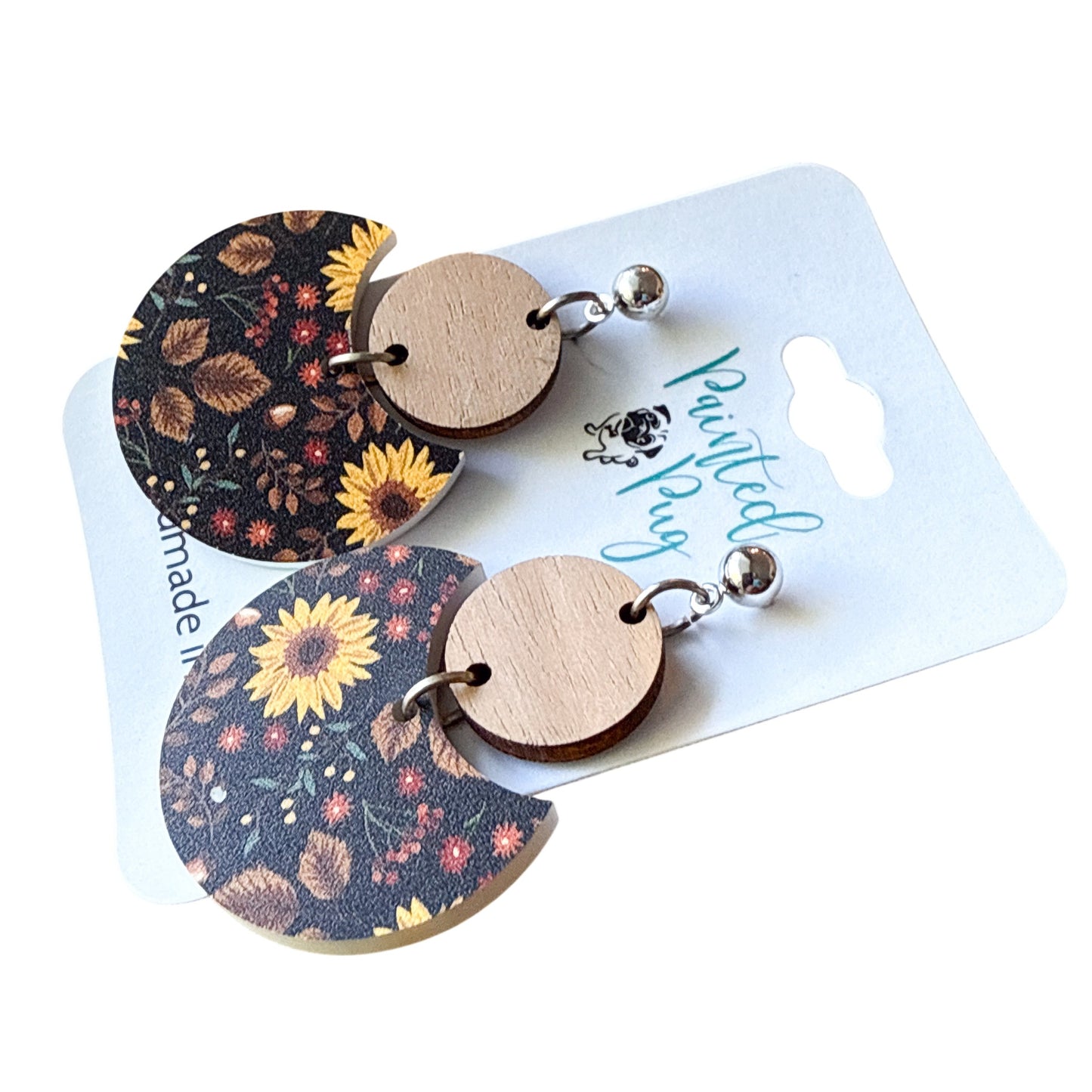Sunflower and Wood Half Circle Acrylic Earrings