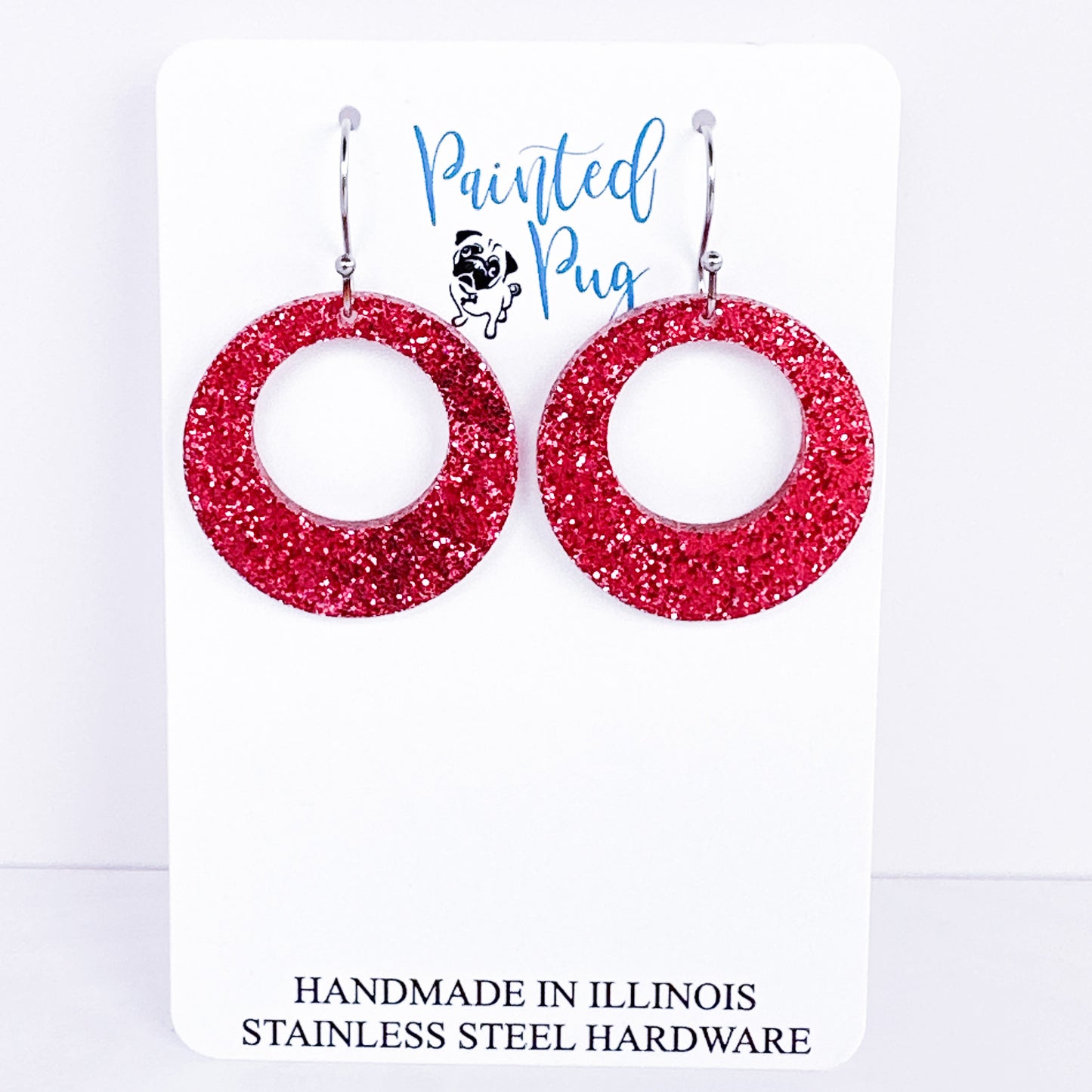 Pink Glitter Acrylic Hoop Earrings – Sparkle Open Circle Design