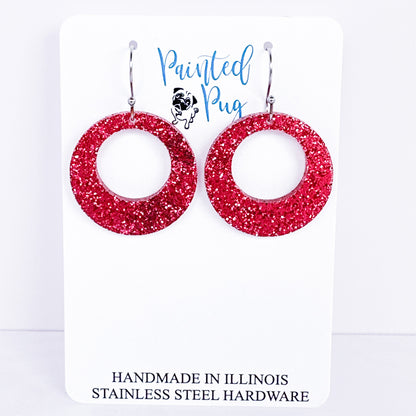 Pink Glitter Acrylic Hoop Earrings – Sparkle Open Circle Design