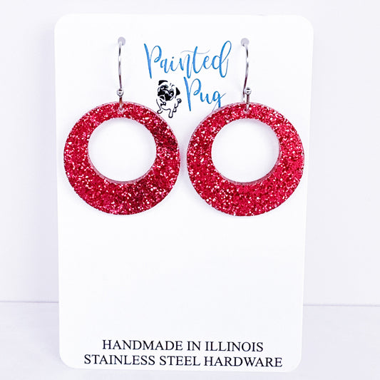 Pink Glitter Acrylic Hoop Earrings – Sparkle Open Circle Design