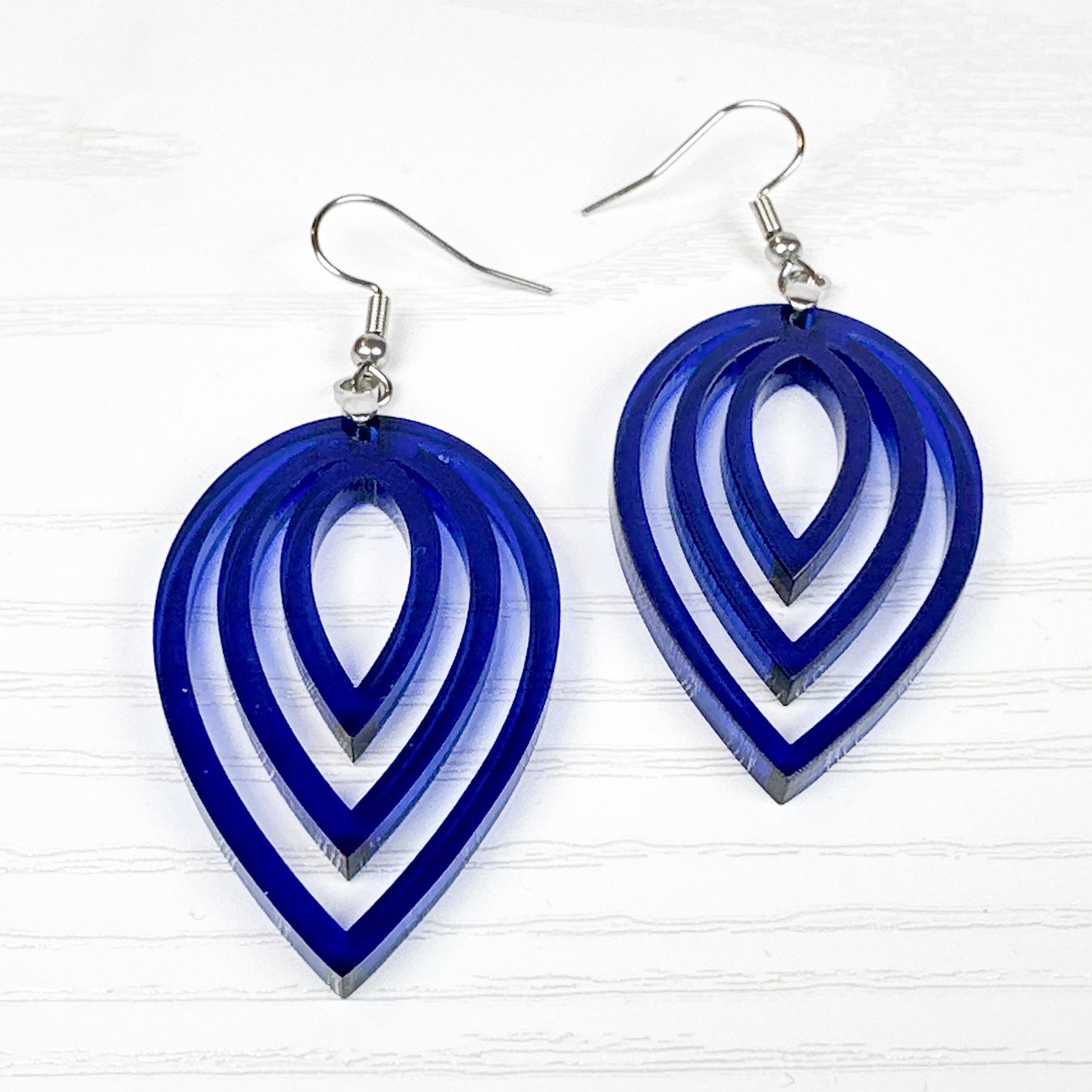 Navy Blue Layered Leaf Statement Earrings – Transparent Acrylic Dangles