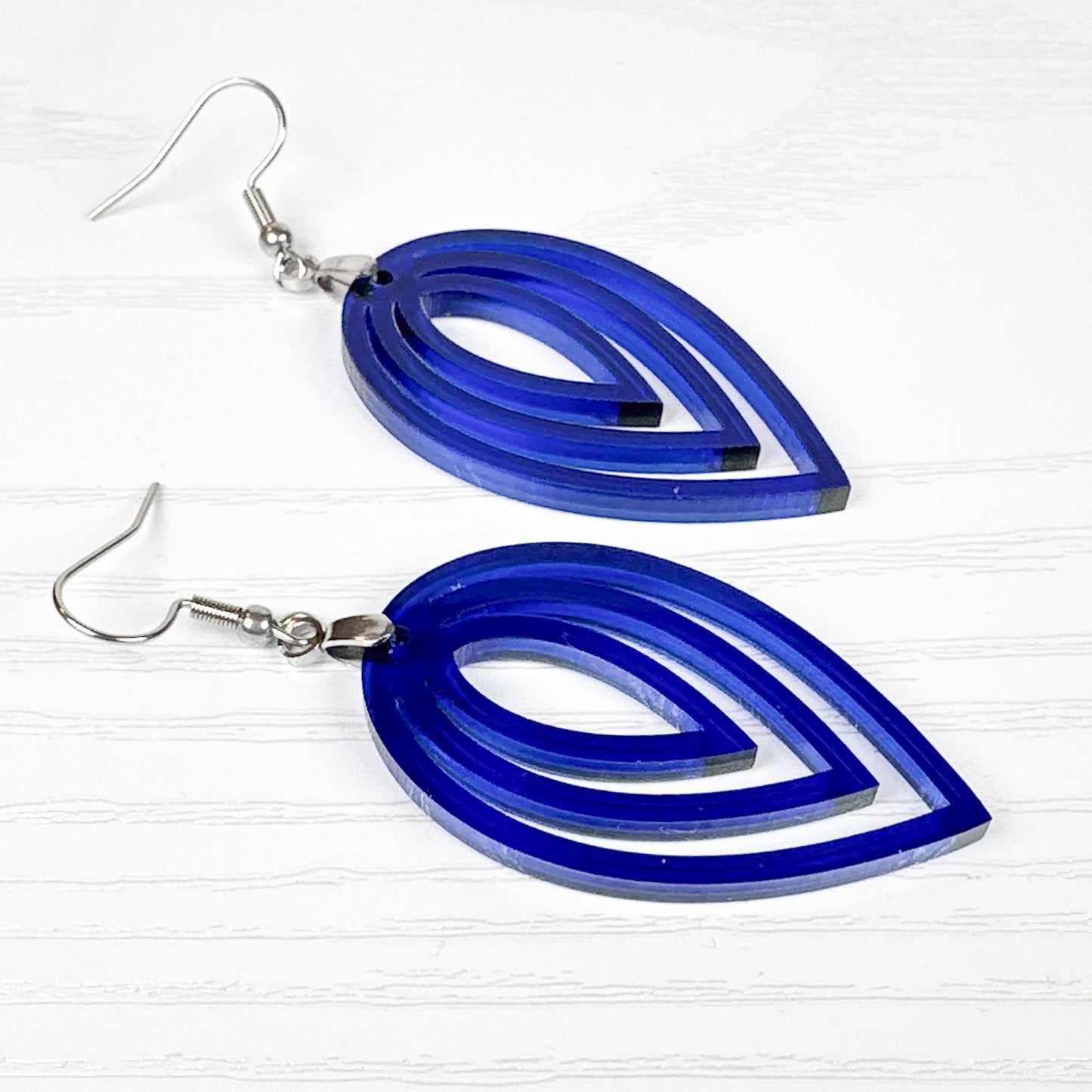 Navy Blue Layered Leaf Statement Earrings – Transparent Acrylic Dangles