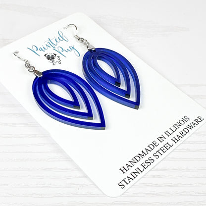 Navy Blue Layered Leaf Statement Earrings – Transparent Acrylic Dangles