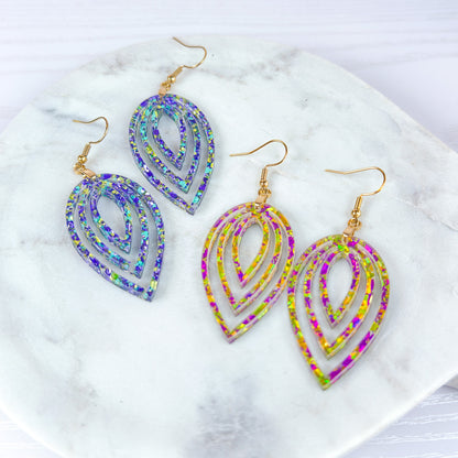 Mardi Gras Glitter Earrings - Purple Green Teardrop Dangle