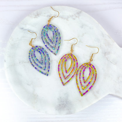 Mardi Gras Glitter Earrings - Purple Green Teardrop Dangle