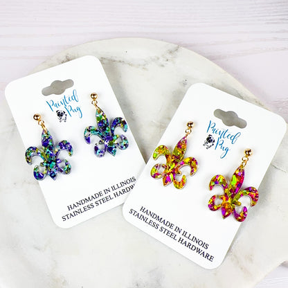 Glitter Purple & Green Acrylic Mardi Gras Fleur de Lis Earrings - Handmade, Stainless Steel Posts