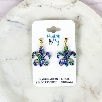 Glitter Purple & Green Acrylic Mardi Gras Fleur de Lis Earrings - Handmade, Stainless Steel Posts