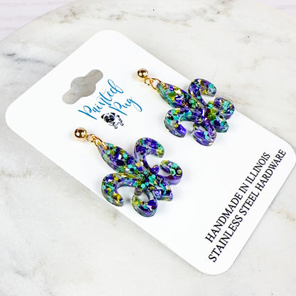 Glitter Purple & Green Acrylic Mardi Gras Fleur de Lis Earrings - Handmade, Stainless Steel Posts
