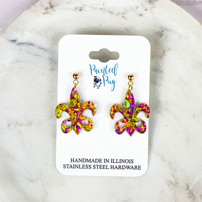 Glitter Purple & Gold Acrylic Mardi Gras Fleur de Lis Earrings - Handmade, Stainless Steel Posts