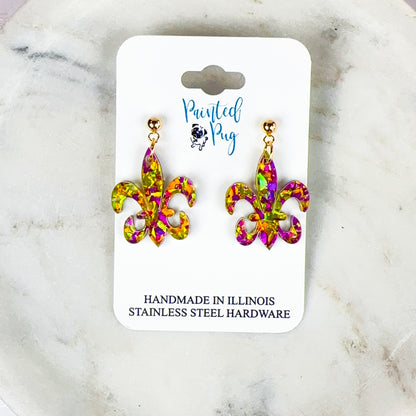 Glitter Purple & Gold Acrylic Mardi Gras Fleur de Lis Earrings - Handmade, Stainless Steel Posts