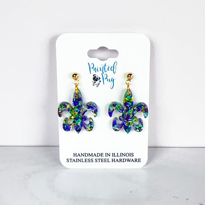 Glitter Purple & Green Acrylic Mardi Gras Fleur de Lis Earrings - Handmade, Stainless Steel Posts