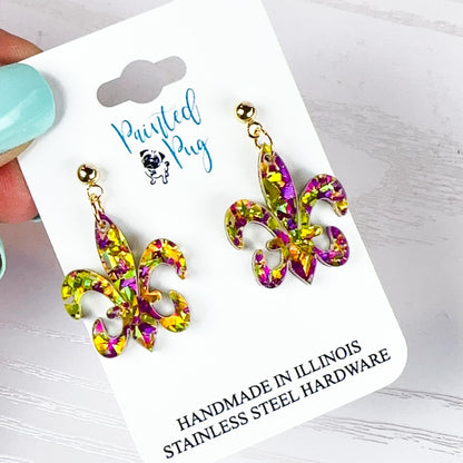 Glitter Purple & Gold Acrylic Mardi Gras Fleur de Lis Earrings - Handmade, Stainless Steel Posts