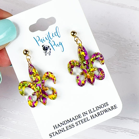 Glitter Purple & Gold Acrylic Mardi Gras Fleur de Lis Earrings - Handmade, Stainless Steel Posts