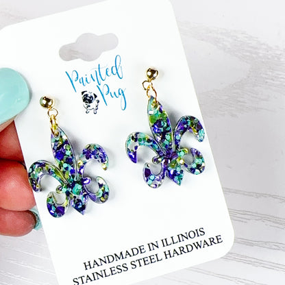 Glitter Purple & Green Acrylic Mardi Gras Fleur de Lis Earrings - Handmade, Stainless Steel Posts