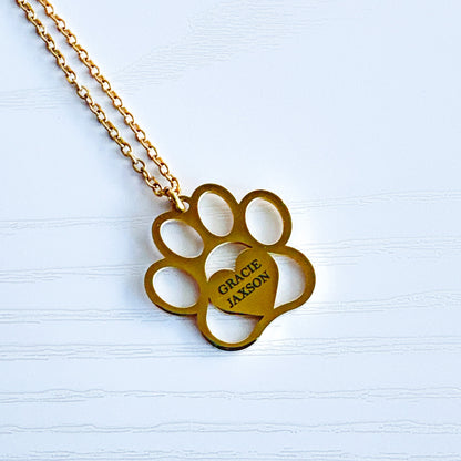Personalized Engraved Paw Print Necklace – Custom Pet Name Jewelry in Gold or Silver Stainless Steel