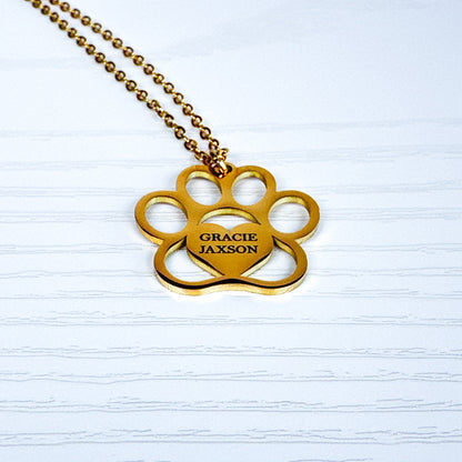 Personalized Engraved Paw Print Necklace – Custom Pet Name Jewelry in Gold or Silver Stainless Steel