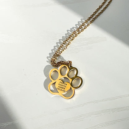 Personalized Engraved Paw Print Necklace – Custom Pet Name Jewelry in Gold or Silver Stainless Steel