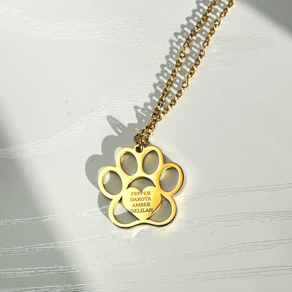 Personalized Engraved Paw Print Necklace – Custom Pet Name Jewelry in Gold or Silver Stainless Steel