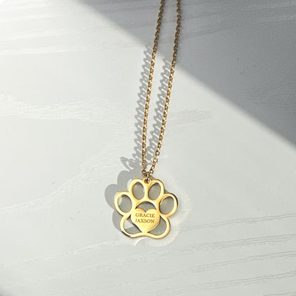 Personalized Engraved Paw Print Necklace – Custom Pet Name Jewelry in Gold or Silver Stainless Steel