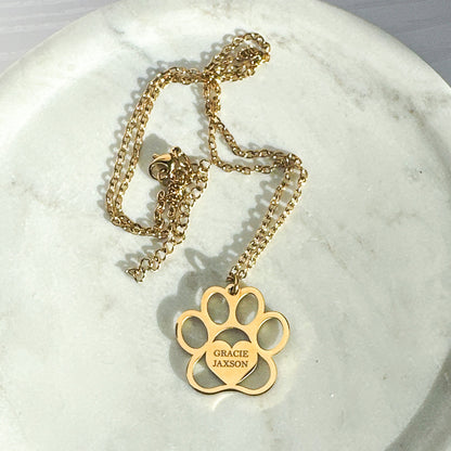 Personalized Engraved Paw Print Necklace – Custom Pet Name Jewelry in Gold or Silver Stainless Steel