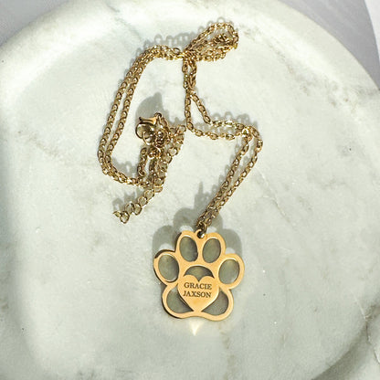 Personalized Engraved Paw Print Necklace – Custom Pet Name Jewelry in Gold or Silver Stainless Steel