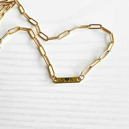 Personalized Paperclip Chain Necklace with Engraved Bar - Custom Name, Initials, or Date