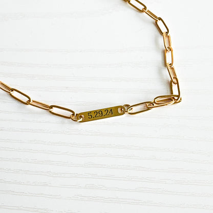 Personalized Paperclip Chain Necklace with Engraved Bar - Custom Name, Initials, or Date