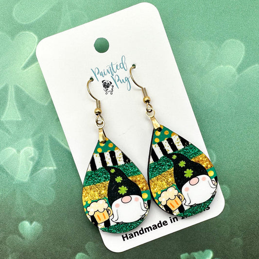 St. Patrick’s Day Gnome Teardrop Earrings – Green Leprechaun Beer Dangle Earrings