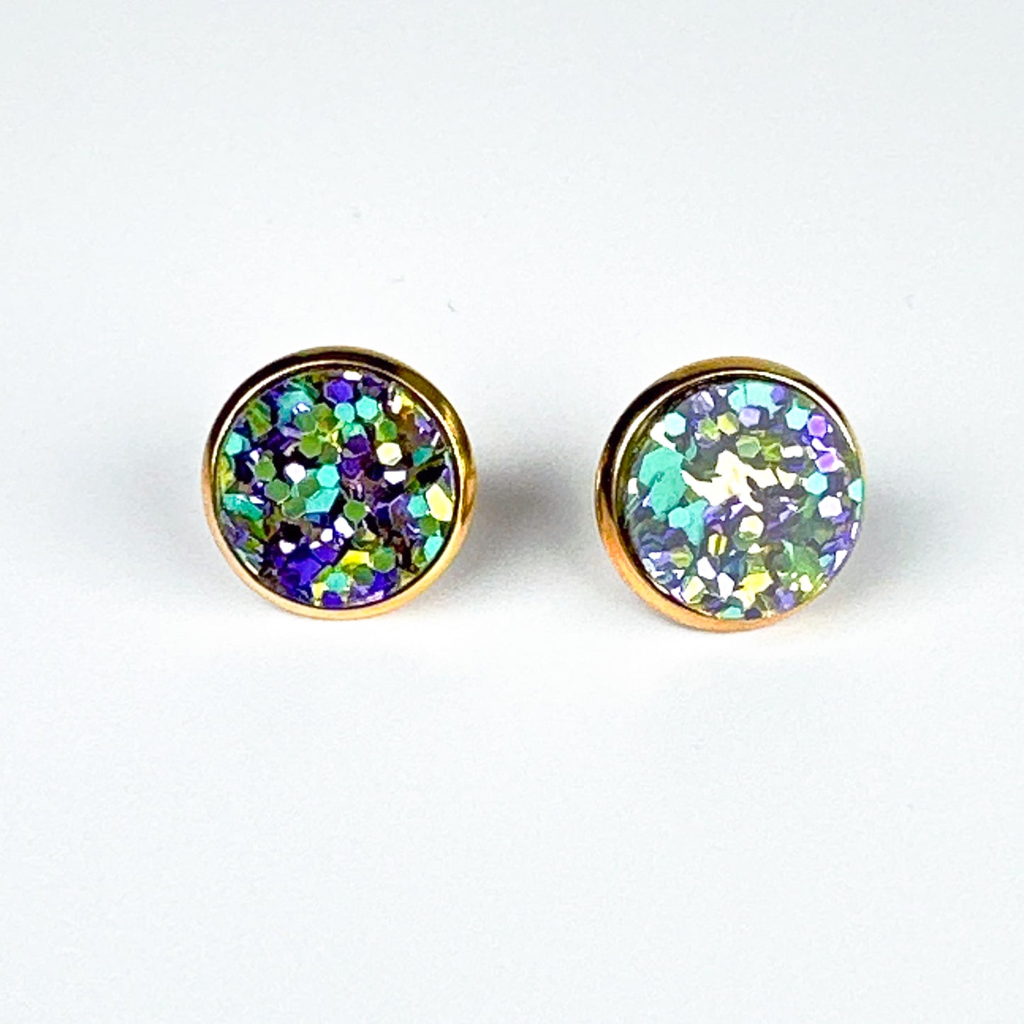 Purple & Green Glitter Acrylic Stud Earrings – Gold Stainless Steel Post Earrings