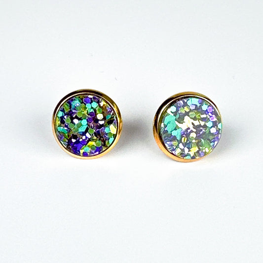 Purple & Green Glitter Acrylic Stud Earrings – Gold Stainless Steel Post Earrings