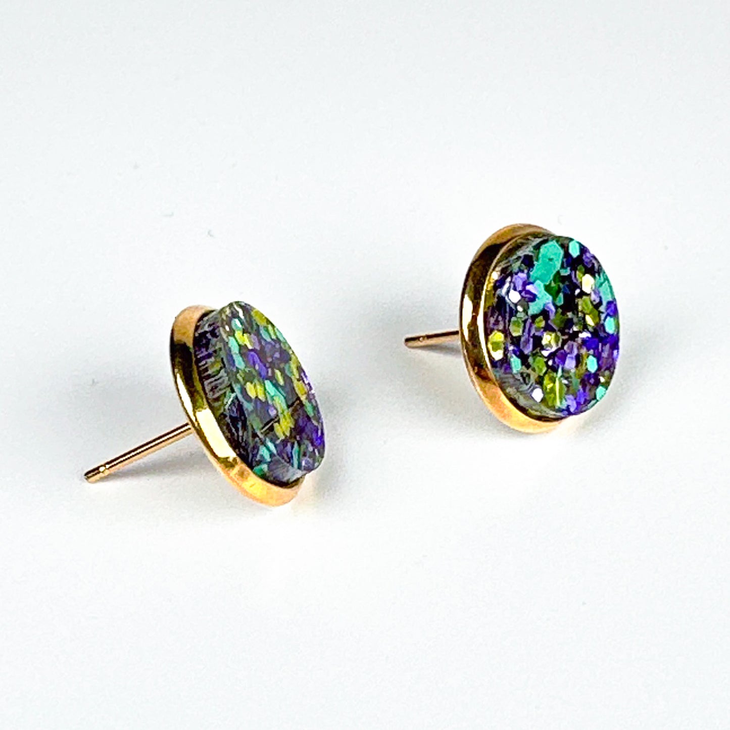 Purple & Green Glitter Acrylic Stud Earrings – Gold Stainless Steel Post Earrings