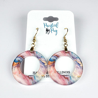 Pink Acrylic Circle Dangle Earrings – Multicolor Design, 2-Inch Drop, Gold-Plated Stainless Steel Earwires
