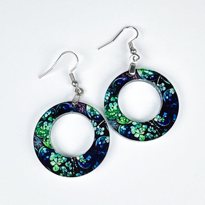 St. Patrick’s Day Shamrock Hoop Earrings – Green and Blue Clover Print