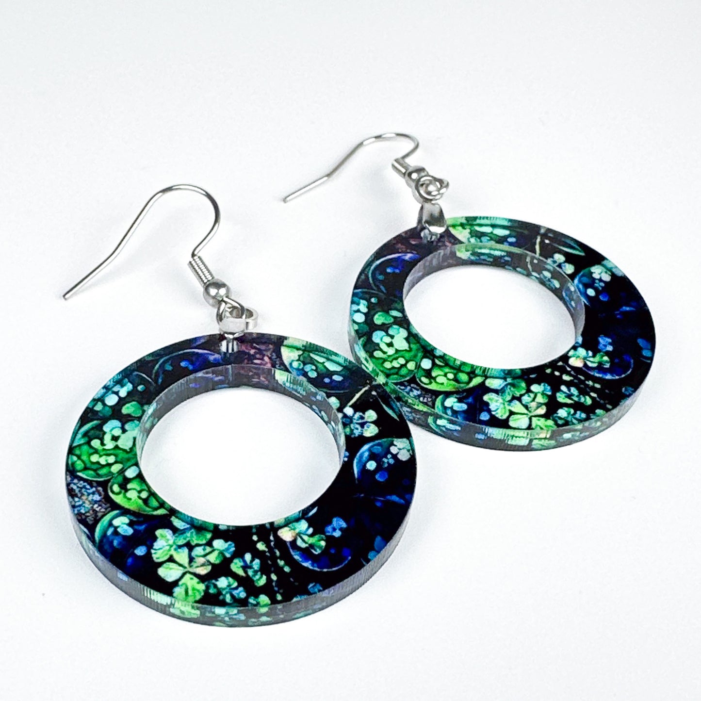 St. Patrick’s Day Shamrock Hoop Earrings – Green and Blue Clover Print