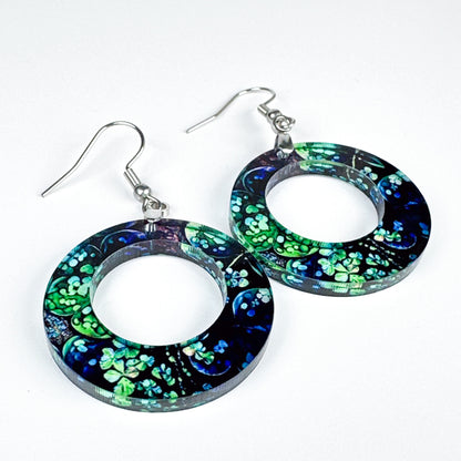 St. Patrick’s Day Shamrock Hoop Earrings – Green and Blue Clover Print