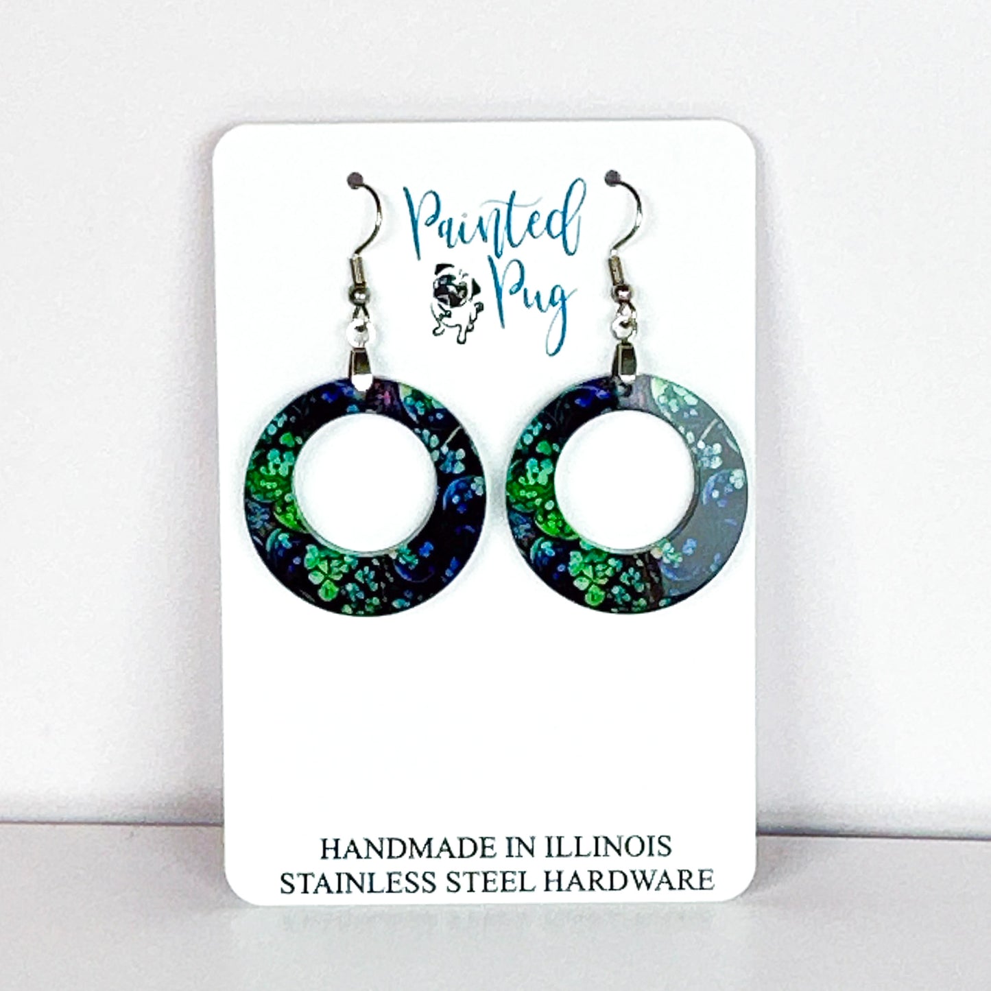 St. Patrick’s Day Shamrock Hoop Earrings – Green and Blue Clover Print