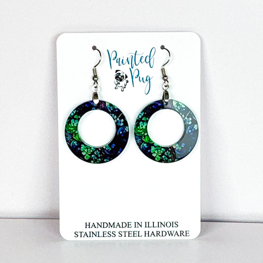 St. Patrick’s Day Shamrock Hoop Earrings – Green and Blue Clover Print