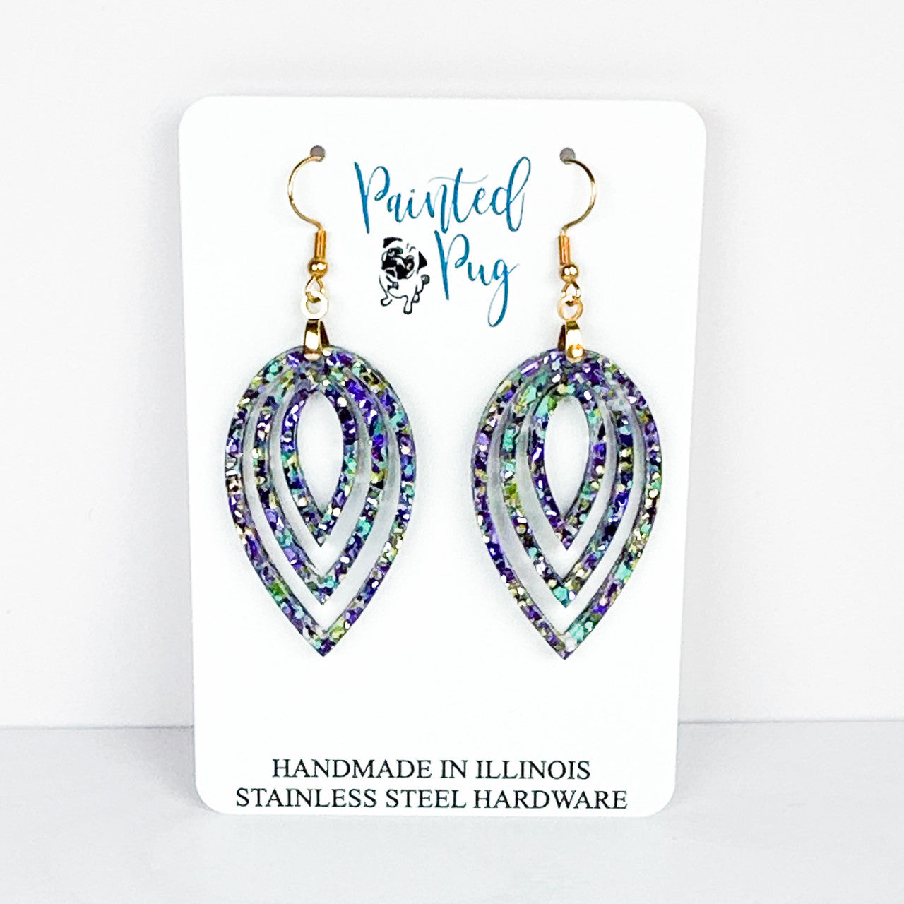 Mardi Gras Glitter Earrings - Purple Green Teardrop Dangle