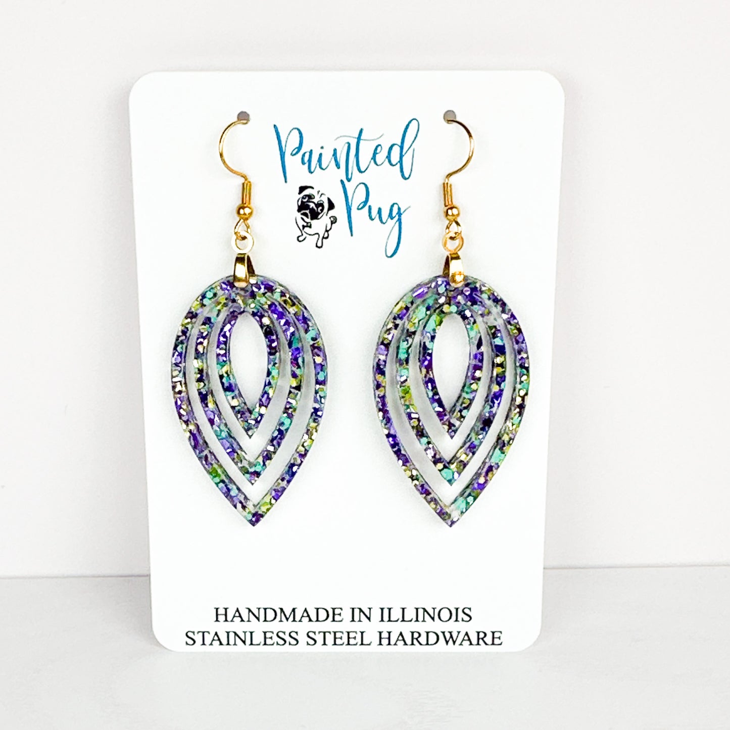 Mardi Gras Glitter Earrings - Purple Green Teardrop Dangle