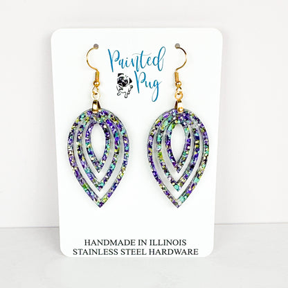 Mardi Gras Glitter Earrings - Purple Green Teardrop Dangle