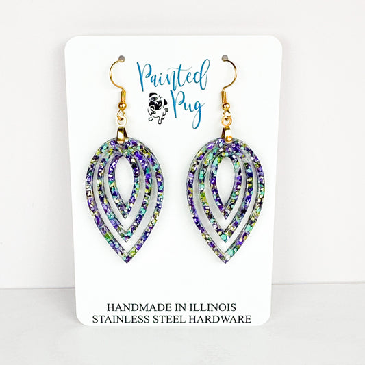 Mardi Gras Glitter Earrings - Purple Green Teardrop Dangle