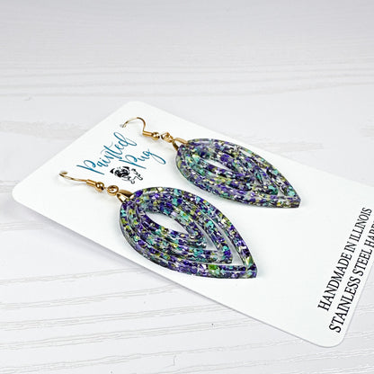 Mardi Gras Glitter Earrings - Purple Green Teardrop Dangle