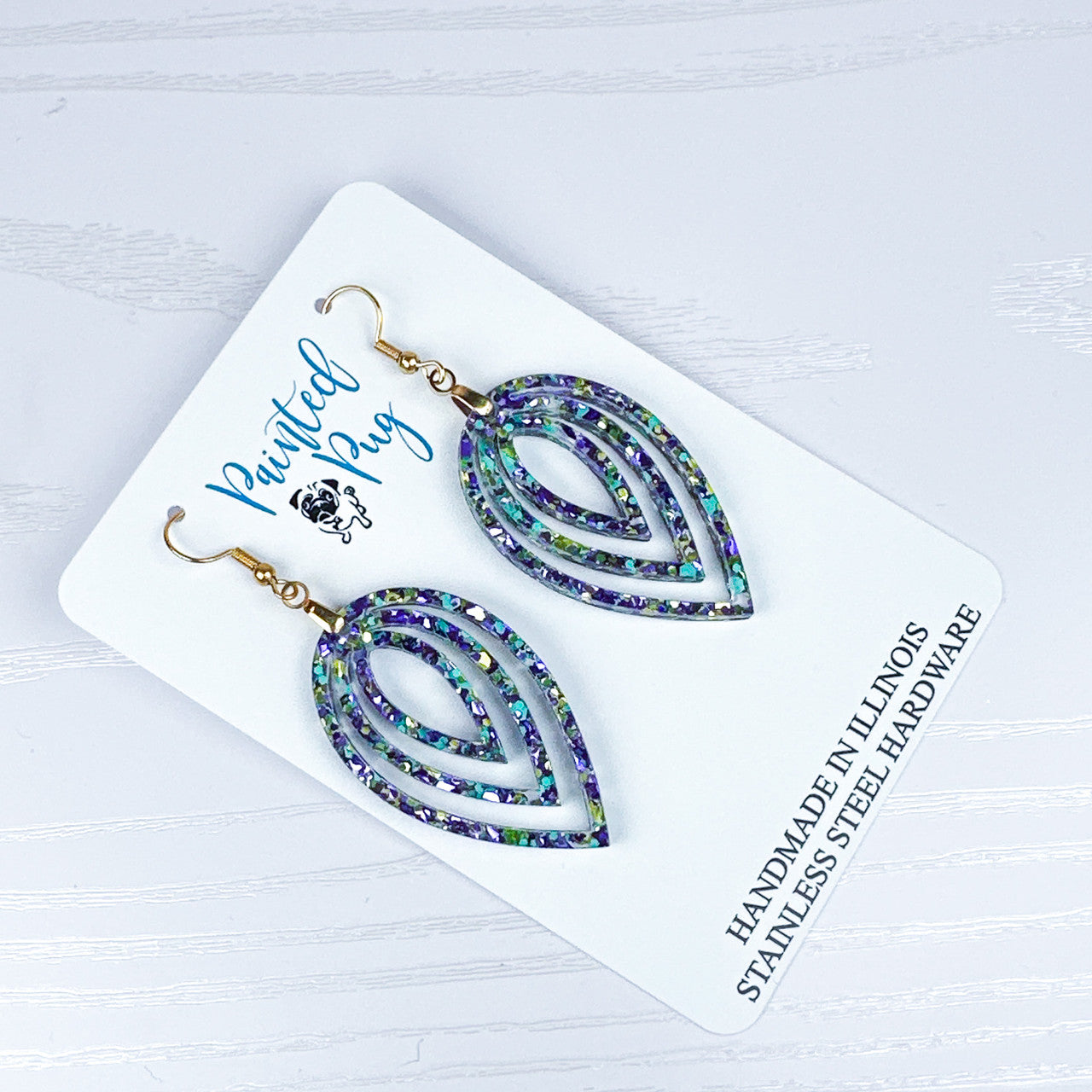 Mardi Gras Glitter Earrings - Purple Green Teardrop Dangle